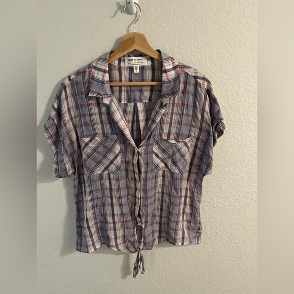 Anthropologie Cloth & Stone Liya Tie Front Plaid Top Sz L - Picture 4 of 8